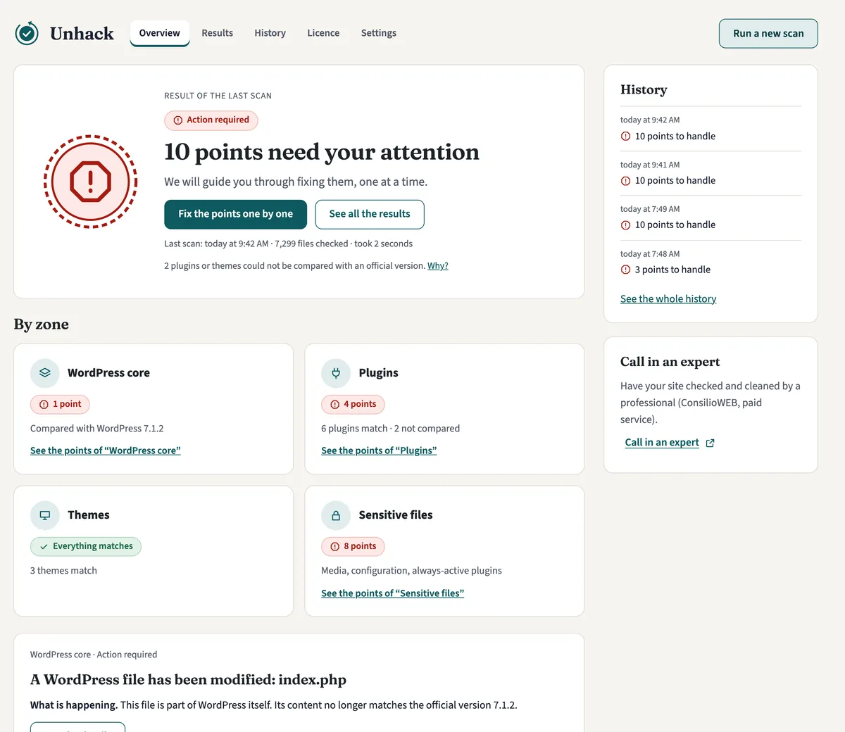 IntegriFix dashboard: 10 points need your attention, with the Core, Plugins, Themes and Sensitive files zones