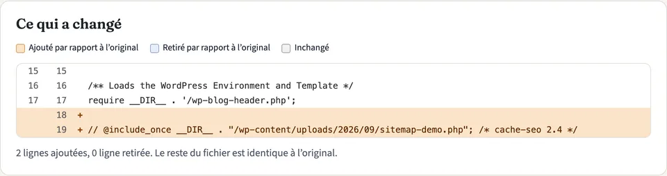 Comparatif lisible : deux lignes ajoutées au fichier index.php, surlignées