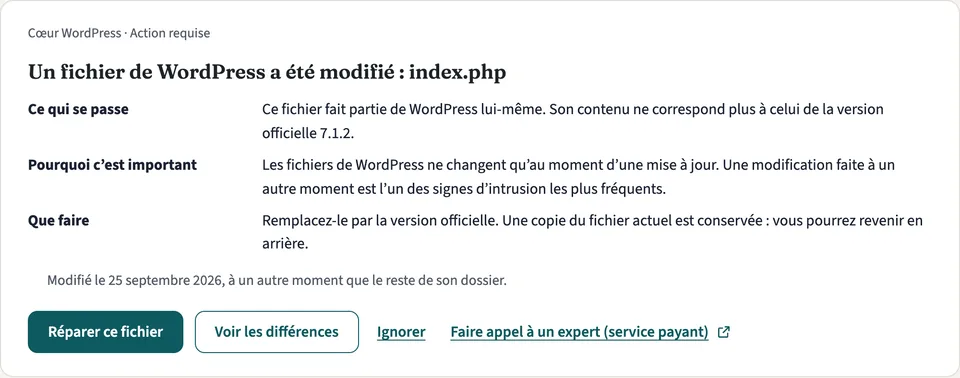 Un constat : un fichier de WordPress a été modifié, avec ce qui se passe, pourquoi c’est important et que faire