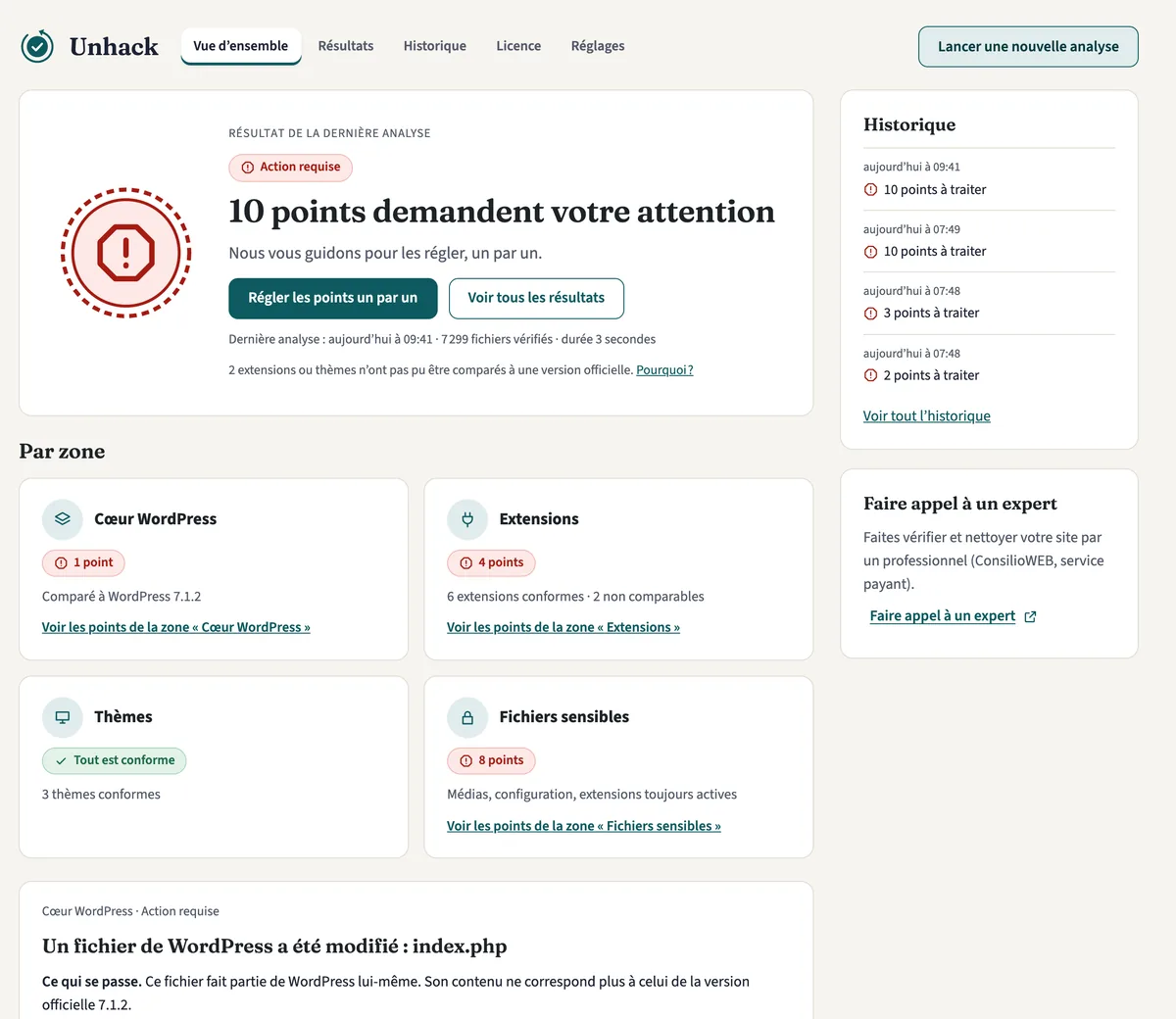 Tableau de bord d’IntegriFix : 10 points demandent votre attention, avec les zones Cœur, Extensions, Thèmes et Fichiers sensibles