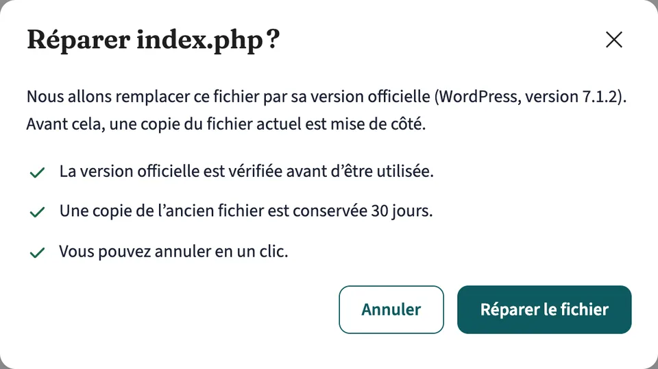 Fenêtre « Réparer index.php ? » avec les garanties : version vérifiée, copie conservée 30 jours, annulation en un clic
